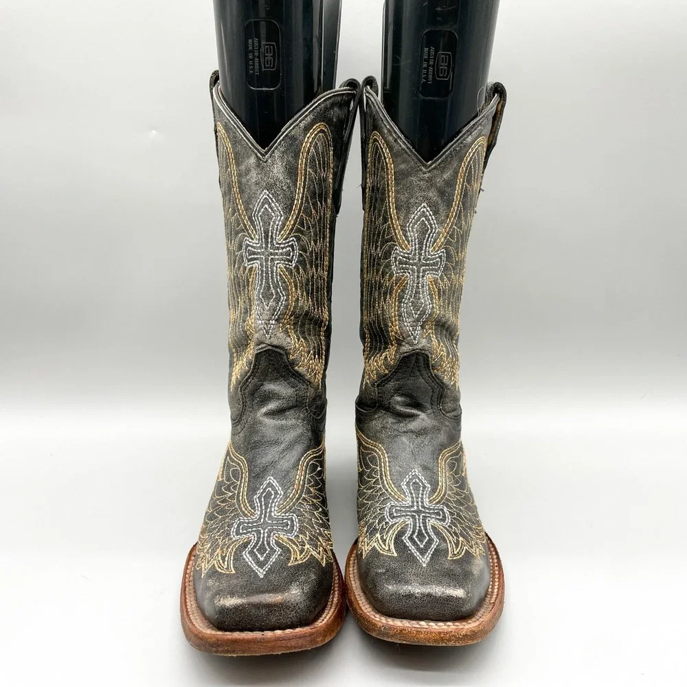 Corral Teen Girls Size 4.5 Distressed Black Leather Wing Cross Western Boots